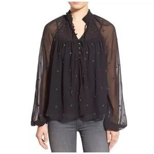 Free People Black Romantic Boho Chic Shear Polka Dot Blouse Size Medium
